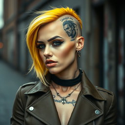 a stunning woman with vibrant yellow hair styled into a chic, edgy look, featuring a bold tattoo covering part of her bald head; she exudes confidence and attitude, dressed in a fashionable gangster-inspired outfit that includes a tailored jacket and accessories; her striking features are enhanced by her dramatic makeup, and the scene is set against a gritty urban backdrop that complements her rebellious spirit
