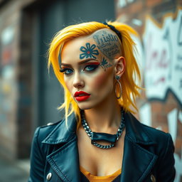 a stunning woman with vibrant yellow hair styled into a chic, edgy look, featuring a bold tattoo covering part of her bald head; she exudes confidence and attitude, dressed in a fashionable gangster-inspired outfit that includes a tailored jacket and accessories; her striking features are enhanced by her dramatic makeup, and the scene is set against a gritty urban backdrop that complements her rebellious spirit