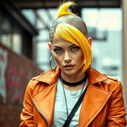 a stunning woman with vibrant yellow hair styled into a chic, edgy look, featuring a bold tattoo covering part of her bald head; she exudes confidence and attitude, dressed in a fashionable gangster-inspired outfit that includes a tailored jacket and accessories; her striking features are enhanced by her dramatic makeup, and the scene is set against a gritty urban backdrop that complements her rebellious spirit