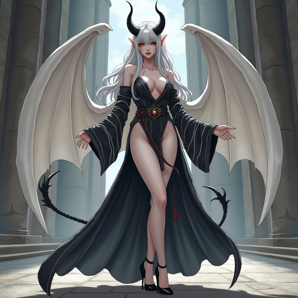 An irresistible female Tiefling with flawless white skin, long dark silver hair, standing at 6 feet tall