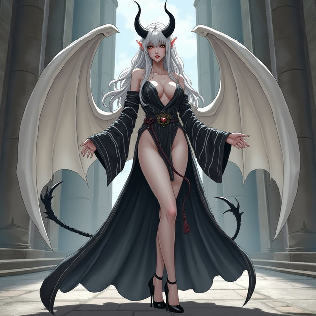 An irresistible female Tiefling with flawless white skin, long dark silver hair, standing at 6 feet tall
