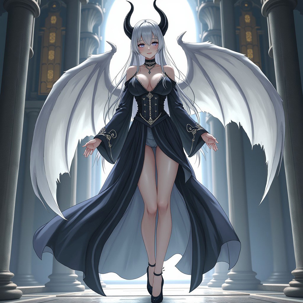 An irresistible female devil with stunning white skin and long dark silver hair, standing at 6 feet tall