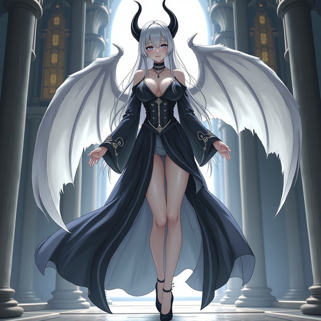 An irresistible female devil with stunning white skin and long dark silver hair, standing at 6 feet tall