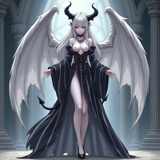 An irresistible female demon with stunning white skin and long silver hair, standing at 6 feet tall