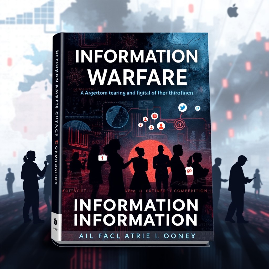 A visually striking book cover design representing the theme of information warfare, featuring abstract elements of cyberspace and media