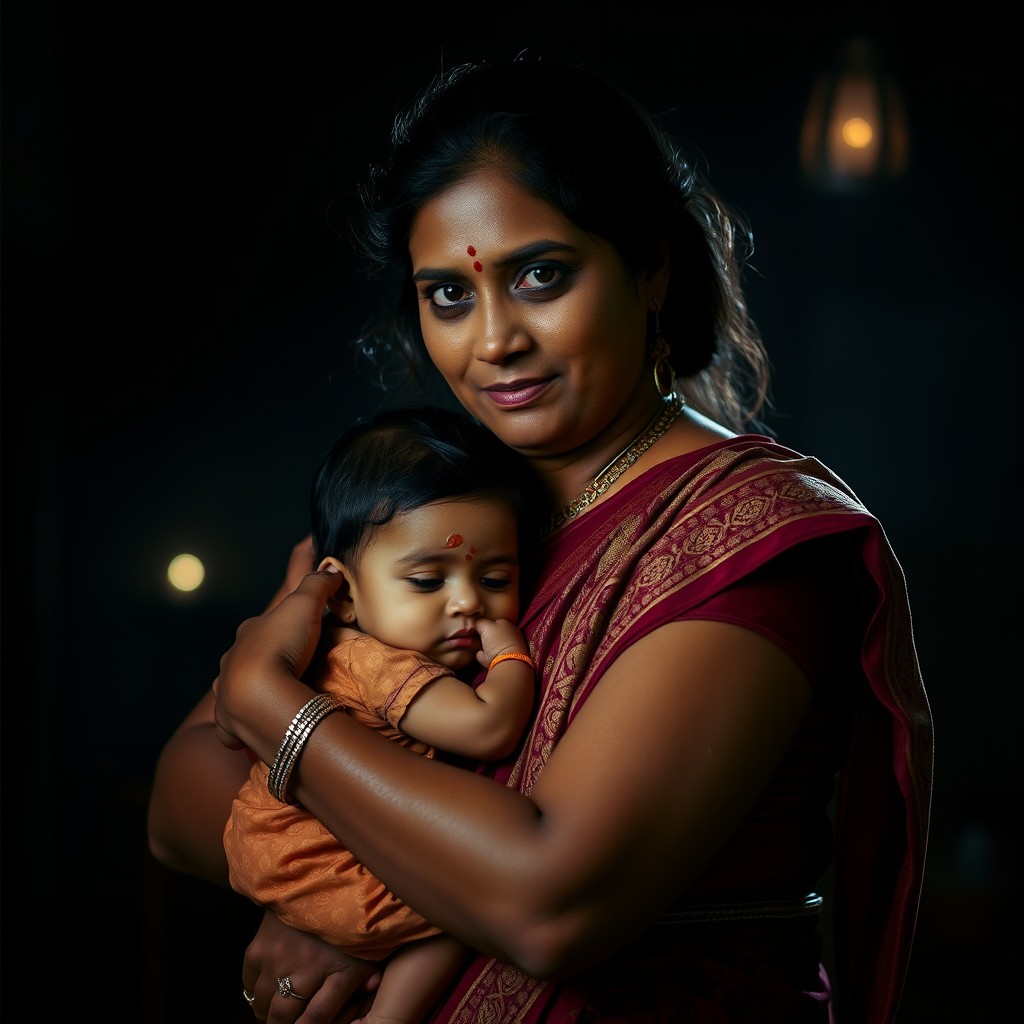 An Indian mother depicted in a striking and dramatic pose, surrounded by dark cinematic lighting that creates deep shadows and highlights her features