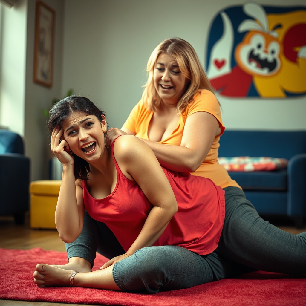 A dramatic scene depicting the contrast between a skinny lady experiencing distress as she is playfully squashed by a larger woman seated on her stomach