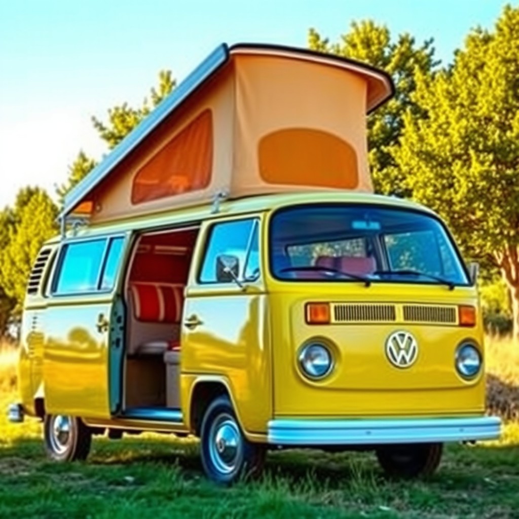 A vintage Volkswagen T3 van with a pop-up roof, parked in a picturesque outdoor setting