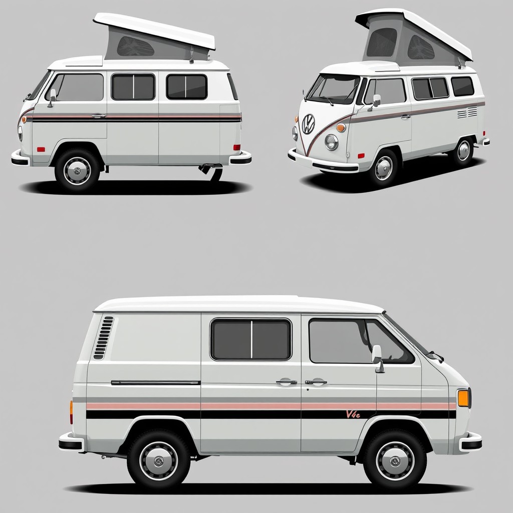 A collection of artistic designs showcasing a Volkswagen T3 Westfalia with a pop-top roof, featuring an array of color combinations
