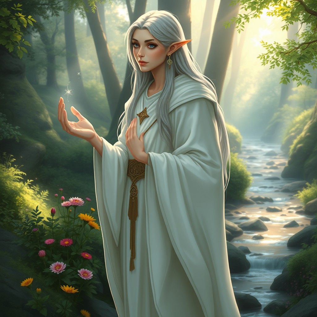A serene elven priest standing gracefully, adorned in a flowing white cloak that billows softly in the breeze
