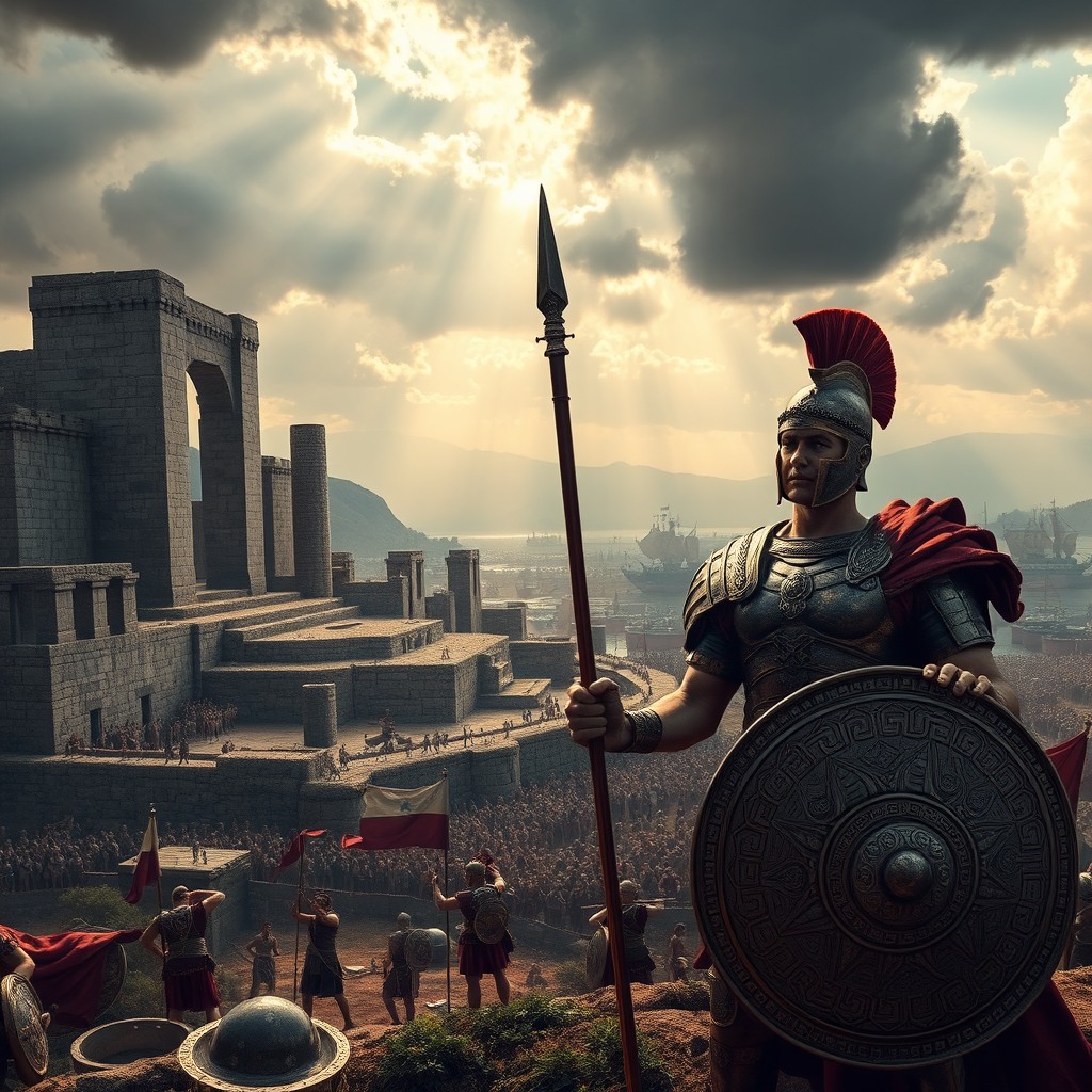 A grand depiction of the Trojan War, featuring the legendary city of Troy in the background with massive stone walls and towering structures