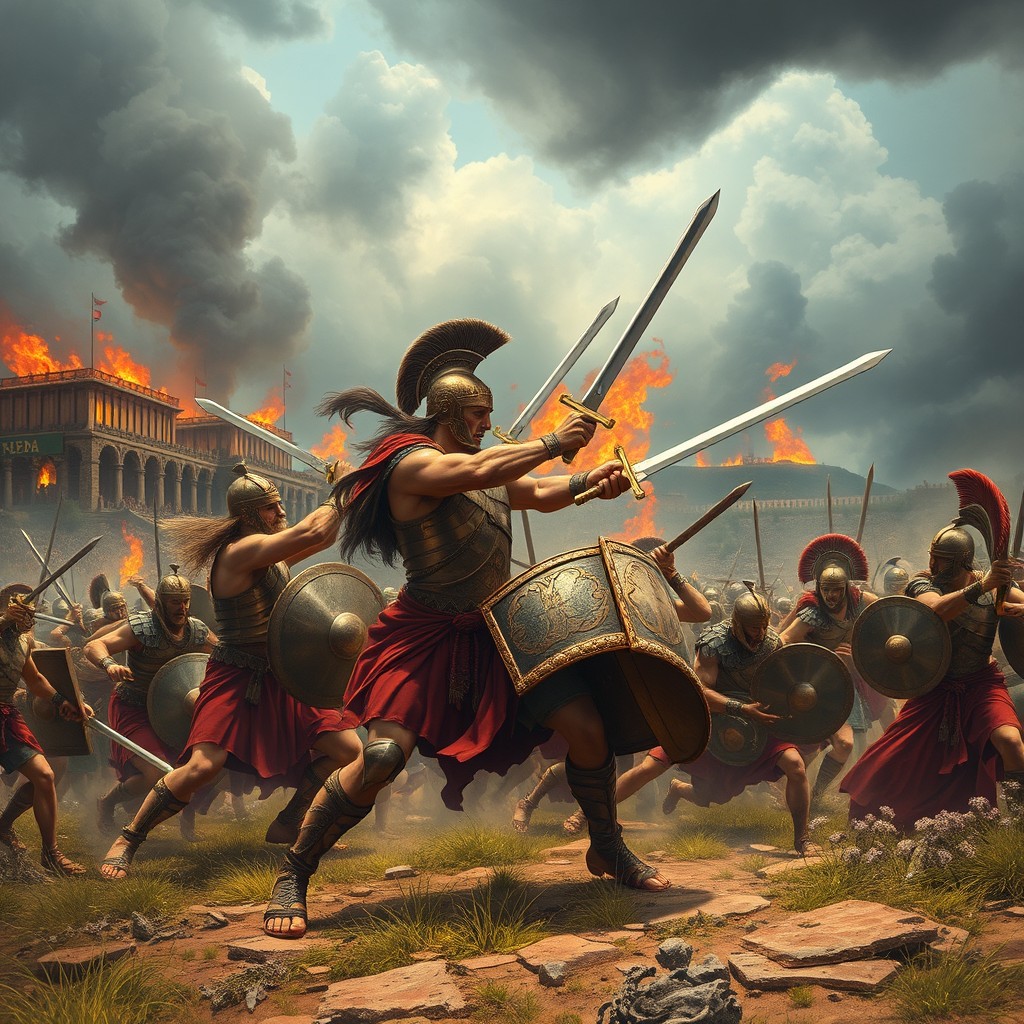 A dramatic scene depicting the legendary Trojan War, featuring iconic figures such as Achilles and Hector in fierce battle