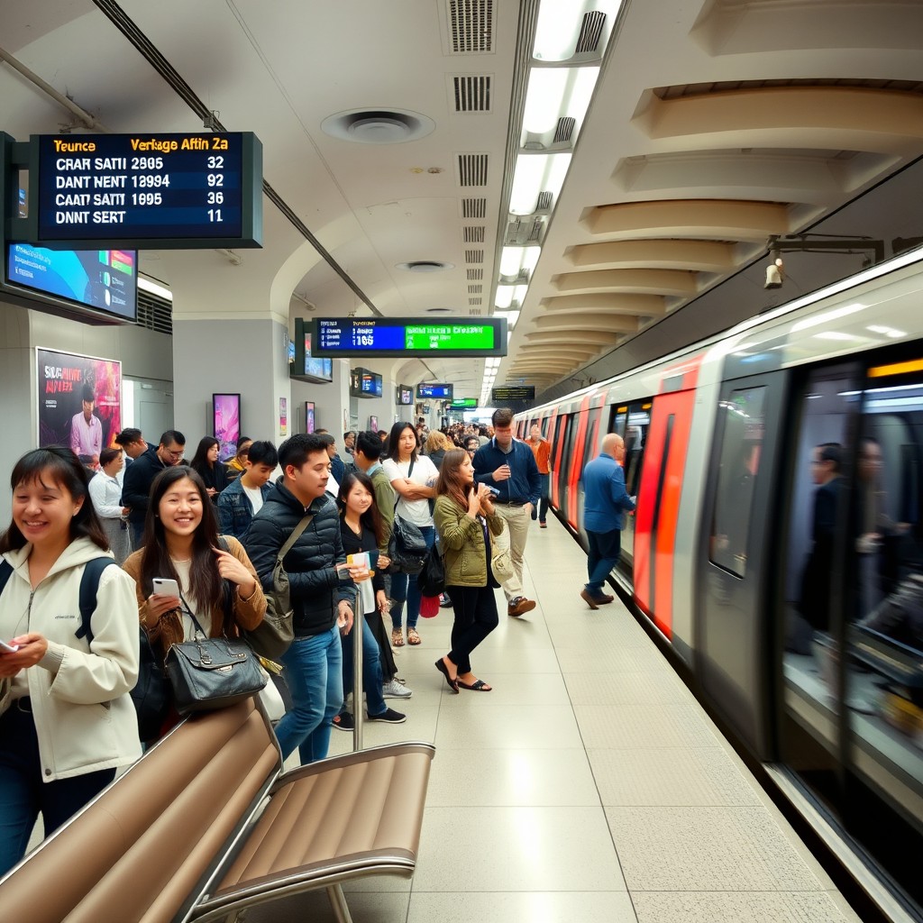 A bustling subway station in a vibrant city, featuring commuters hurrying to catch their trains