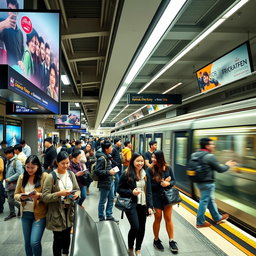 A bustling subway station in a vibrant city, featuring commuters hurrying to catch their trains