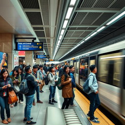 A bustling subway station in a vibrant city, featuring commuters hurrying to catch their trains