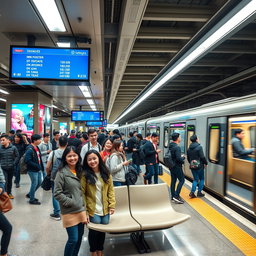 A bustling subway station in a vibrant city, featuring commuters hurrying to catch their trains