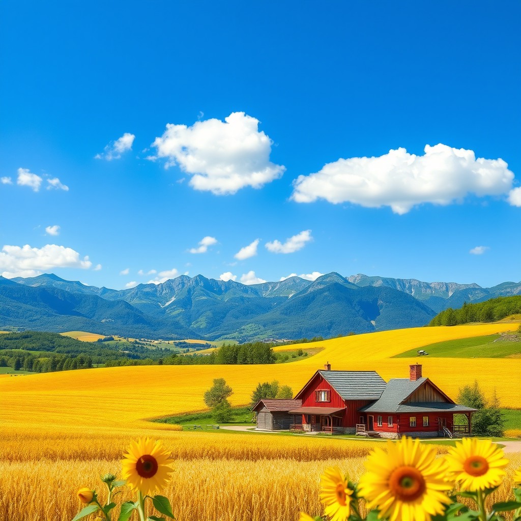 A vibrant and striking landscape of Ukraine, showcasing its picturesque countryside with golden wheat fields under a bright blue sky