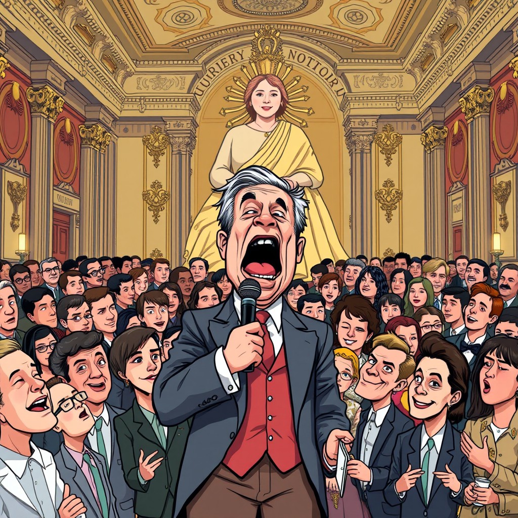 A satirical illustration of a politician singing passionately, with humorously exaggerated features, standing in front of a large group of amused viewers