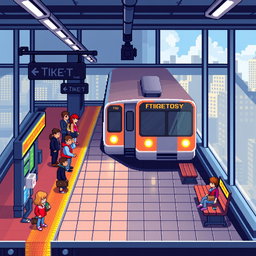 A pixel art style single-screen metro station level designed for a video game