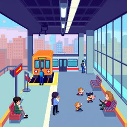 A pixel art style single-screen metro station level designed for a video game