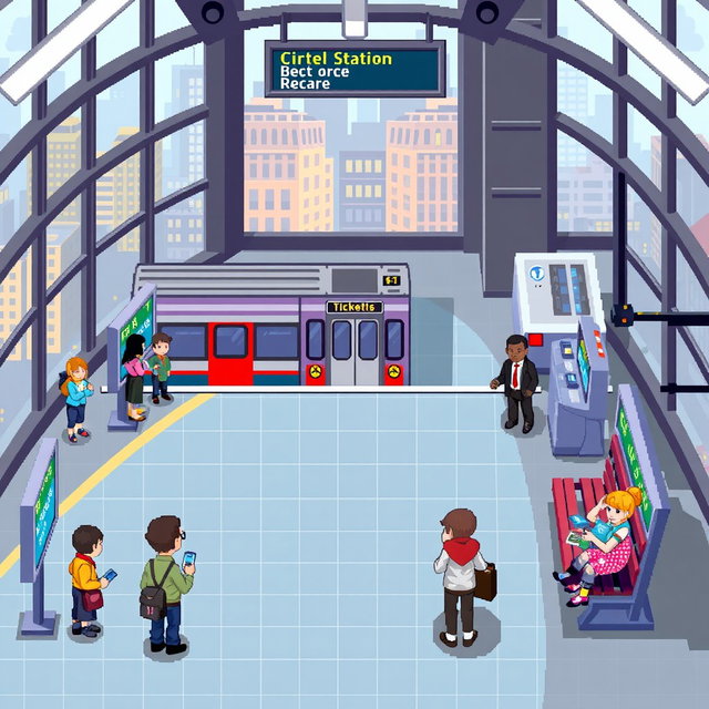 A pixel art style single-screen metro station level designed for a video game