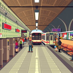 A pixel art style single-screen level of a Soviet metro station from the 1980s, designed at a resolution of 1024x576