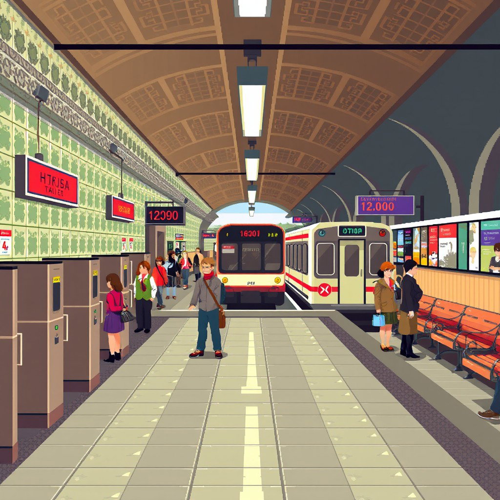 A pixel art style single-screen level of a Soviet metro station from the 1980s, designed at a resolution of 1024x576