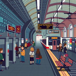 A pixel art style single-screen level of a Soviet metro station from the 1980s, designed at a resolution of 1024x576