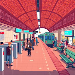 A pixel art style single-screen level of a Soviet metro station from the 1980s, designed at a resolution of 1024x576
