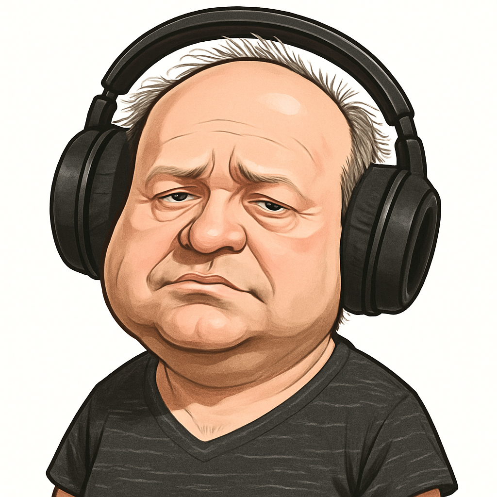 Udělejej z muže na obrázku karikaturu. Sluchátka zvětšit přes hlavu. Pozadí bílé. Obrázek bez rámečku.