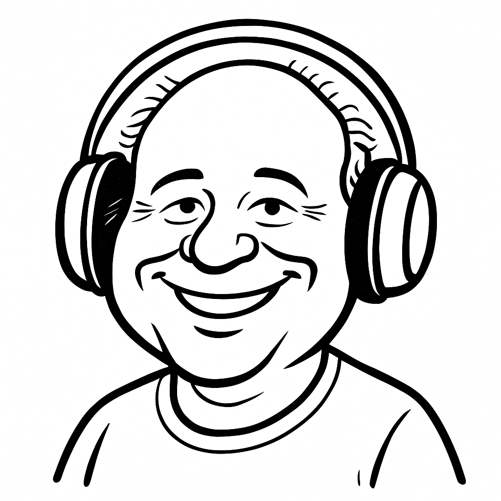 Udělejej z muže na obrázku karikaturu. Pouze perkokresbu. Přidat úsměv. Tak aby z ní šla vytvořit ikona (málo detailů) Sluchátka zvětšit přes hlavu. Pozadí bílé. Obrázek bez rámečku.