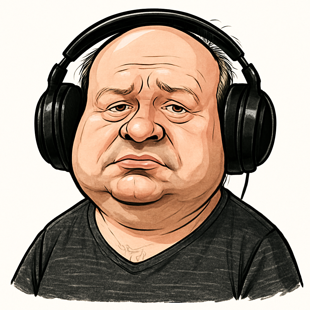 Udělejej z muže na obrázku karikaturu.  Sluchátka zvětšit přes hlavu. Pozadí bílé. Obrázek bez rámečku.