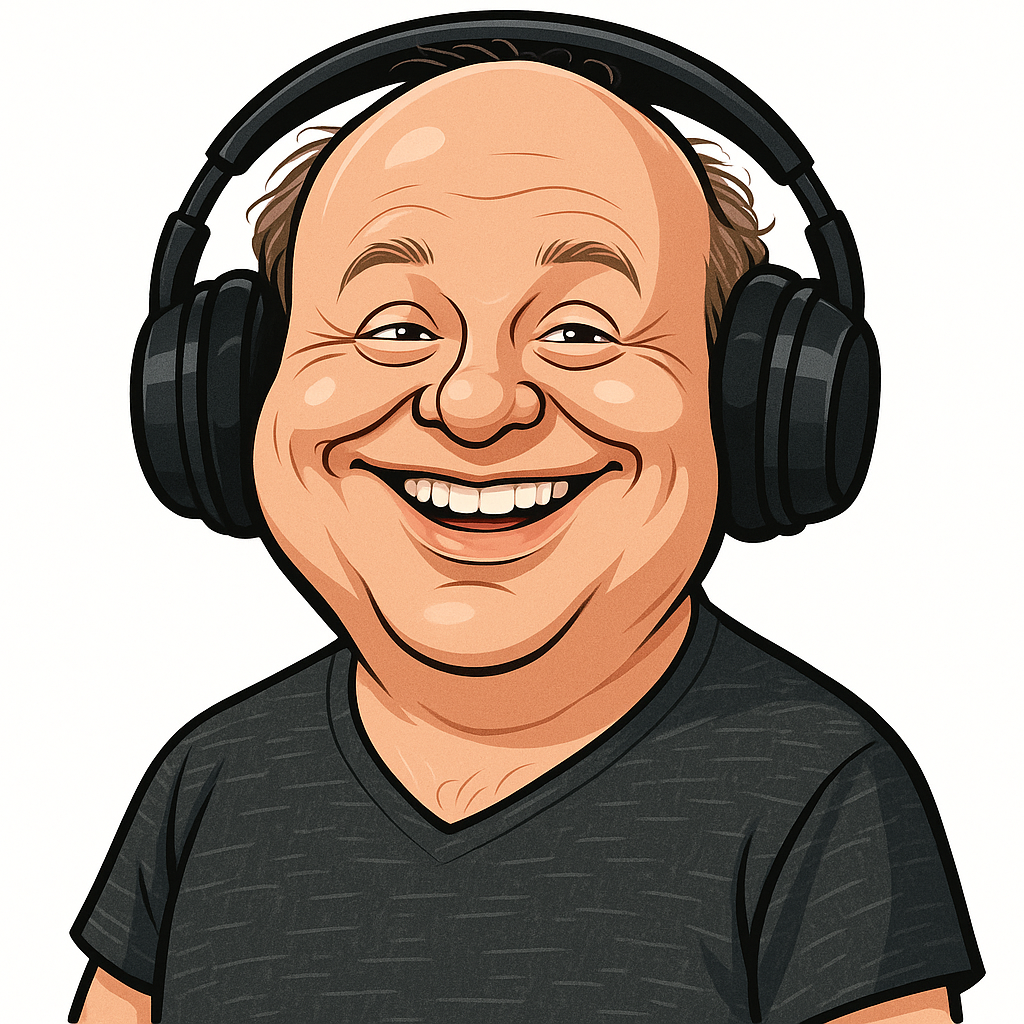 Udělejej z muže na obrázku karikaturu.  Přidat úsměv. Sluchátka zvětšit přes hlavu. Pozadí bílé. Obrázek bez rámečku.
