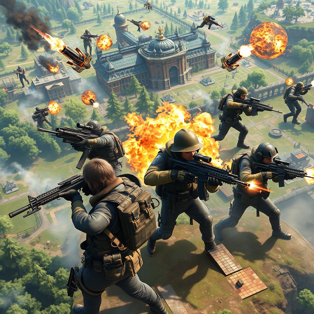 A dynamic, intense scene from a popular battle royale game, featuring a group of skilled characters in tactical gear engaged in fierce combat
