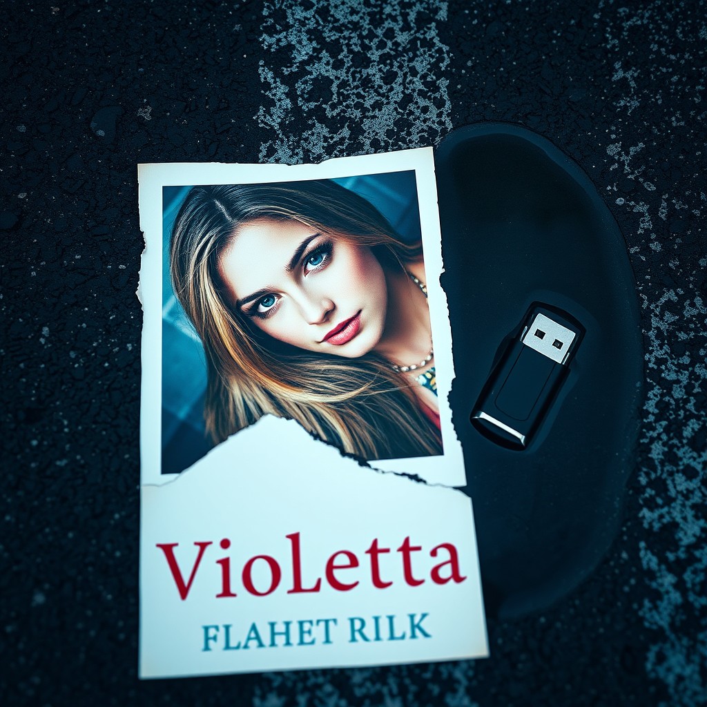 A symbolic image featuring a torn photograph of a woman named Violetta with long hair and green eyes, lying on wet asphalt