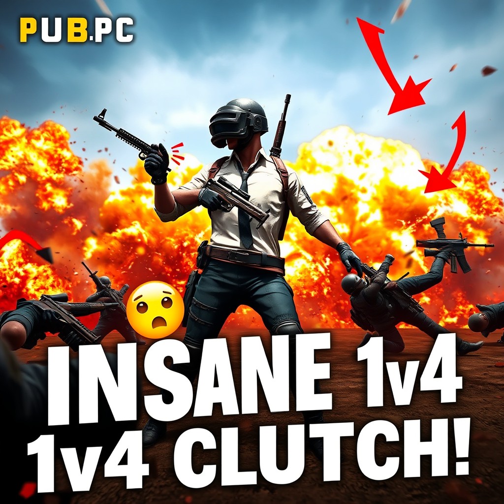 A high-energy PUBG PC thumbnail capturing a dramatic last-circle moment where a single player is executing a stunning 1v4 clutch