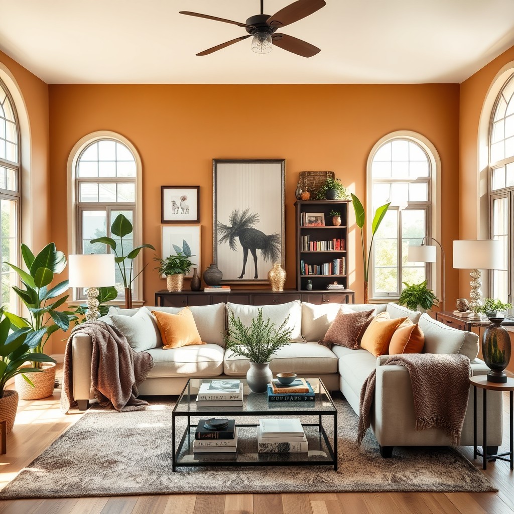 A beautifully designed living room that combines modern and rustic elements