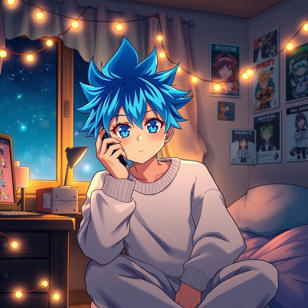 An anime boy with vibrant, spiky blue hair and bright, expressive eyes sits in his cozy bedroom, talking over the phone