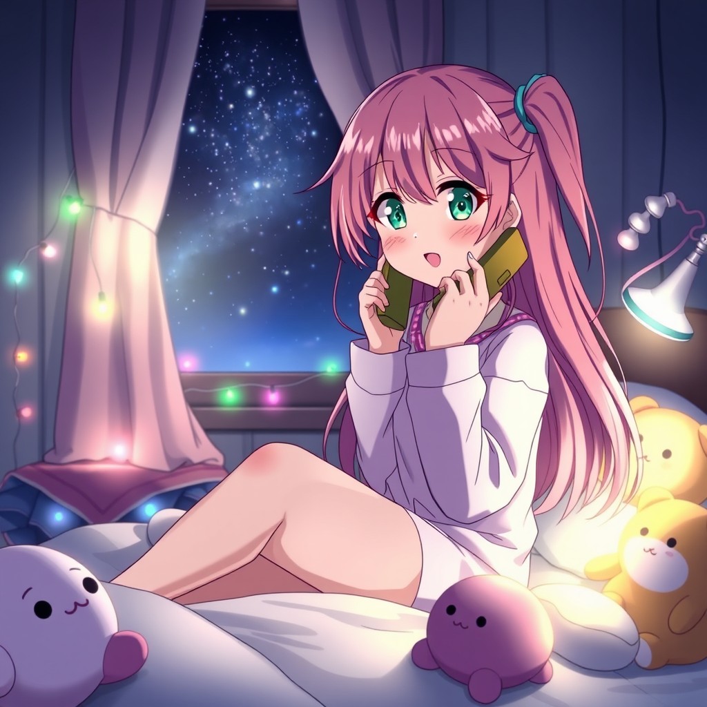 An anime girl with long, flowing pink hair and sparkling green eyes sits on her bed, talking over the phone late at night