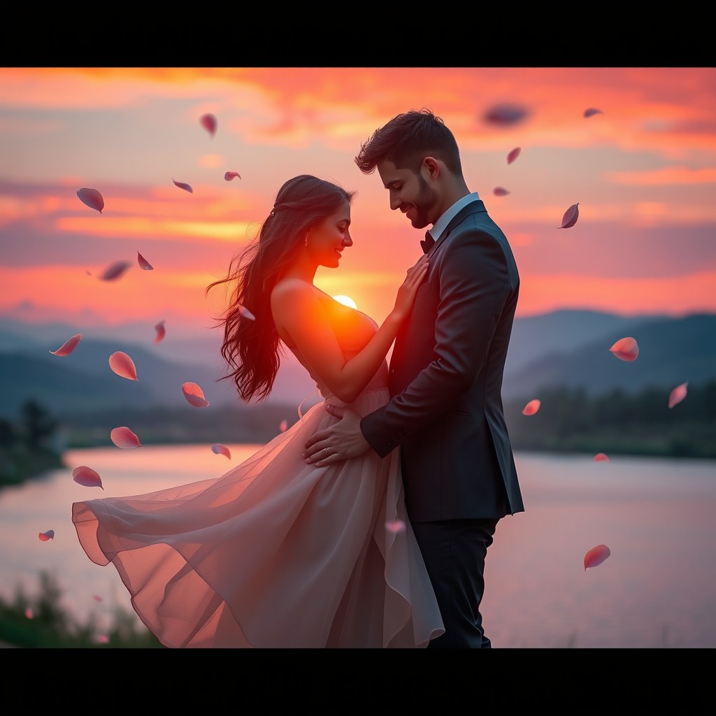 A romantic scene set in a dreamlike landscape, featuring a couple embracing each other tenderly
