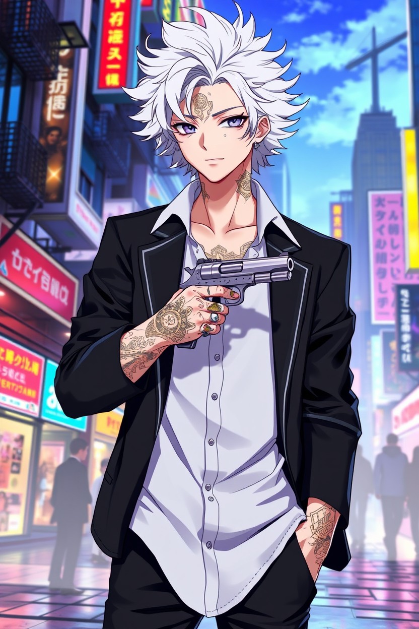 A character in anime style, a 20-year-old man from a cyberpunk world
