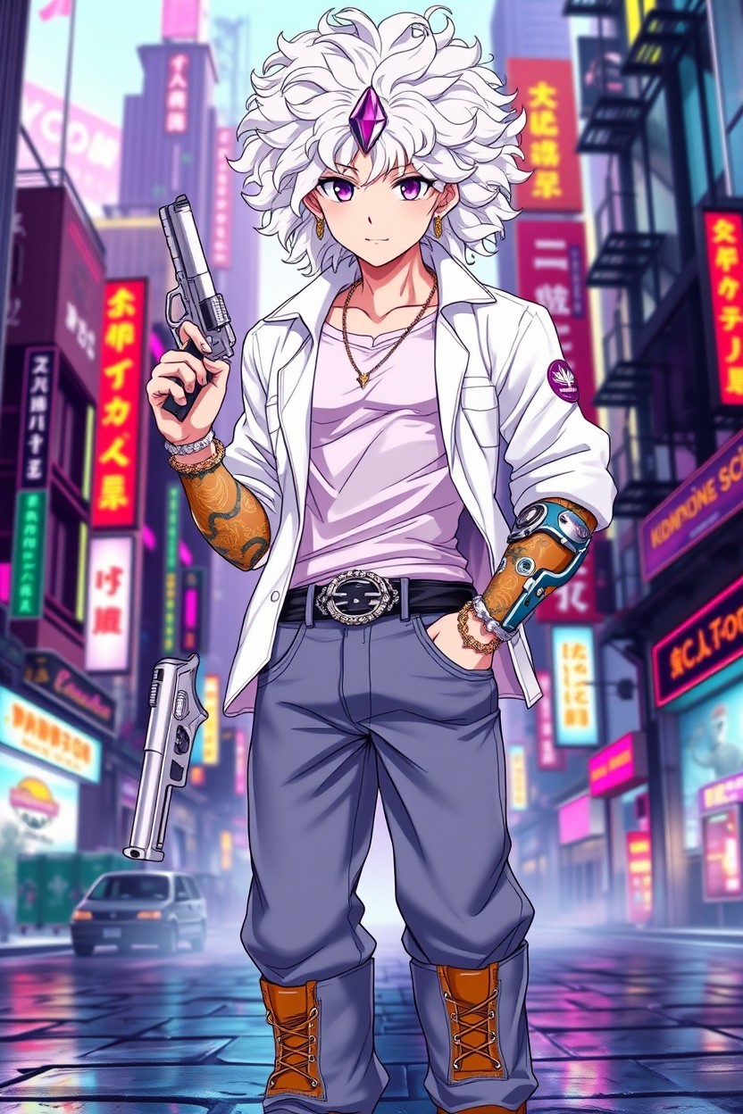 An anime character in a vibrant cyberpunk world, showcasing a 22-year-old male with white skin and curly, medium-length white hair that is voluminous