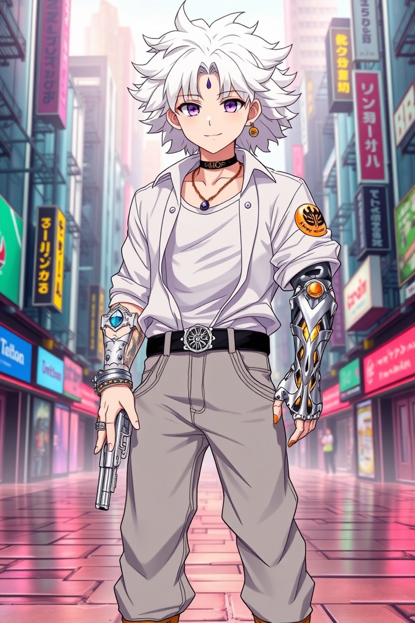An anime character set in a vibrant cyberpunk universe, depicting a 22-year-old male