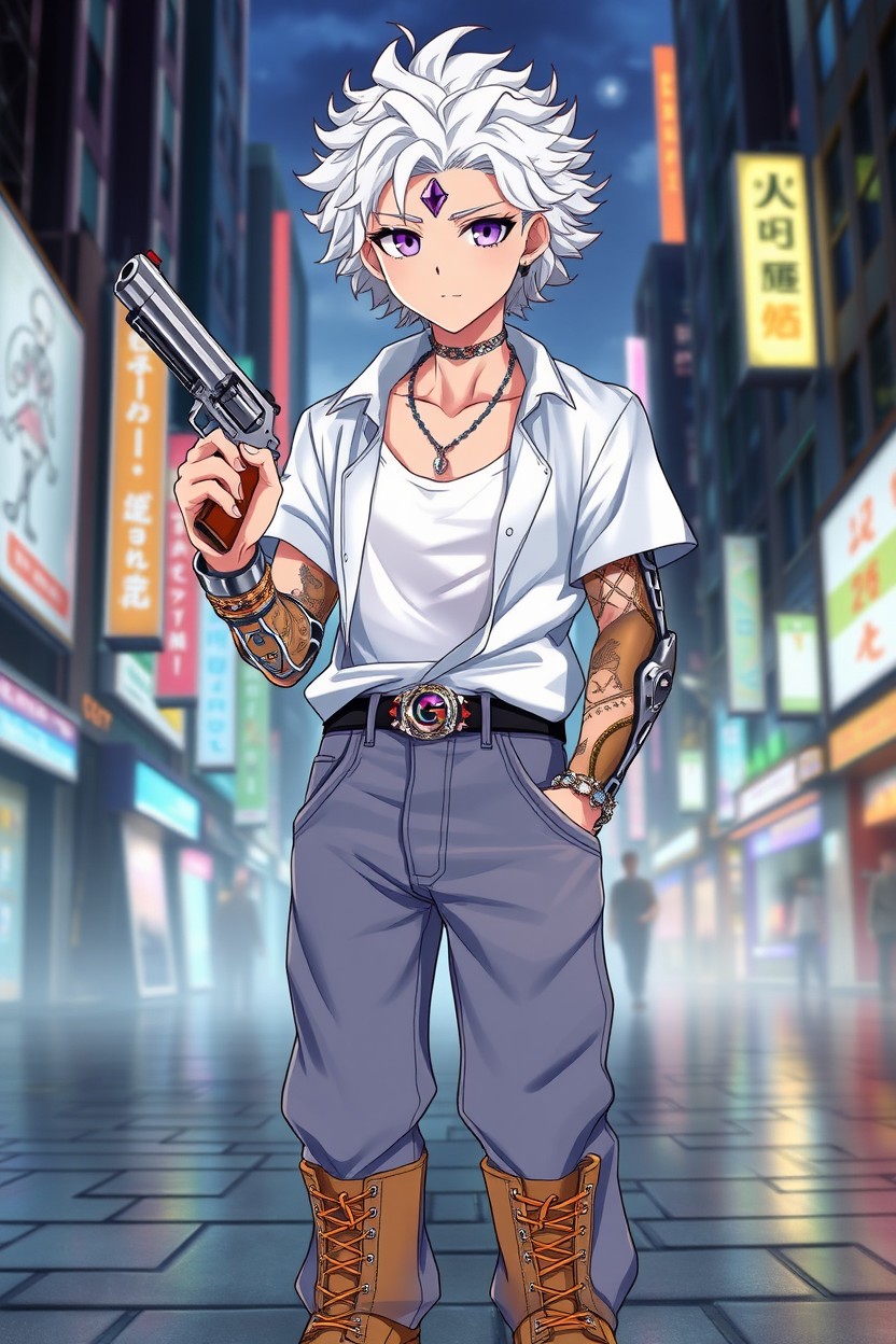 An anime-style character in a cyberpunk world, depicting a 25-year-old male with fair skin and white hair