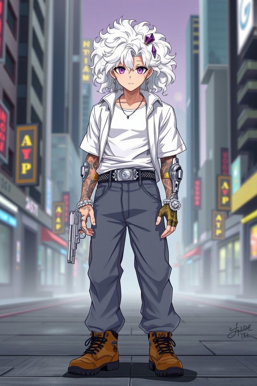 An anime-style character set in a cyberpunk world, featuring a 25-year-old male with fair skin and white hair