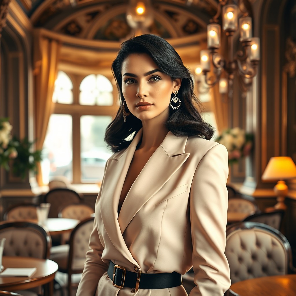 A portrait of a sophisticated, elegant European woman in a refined setting