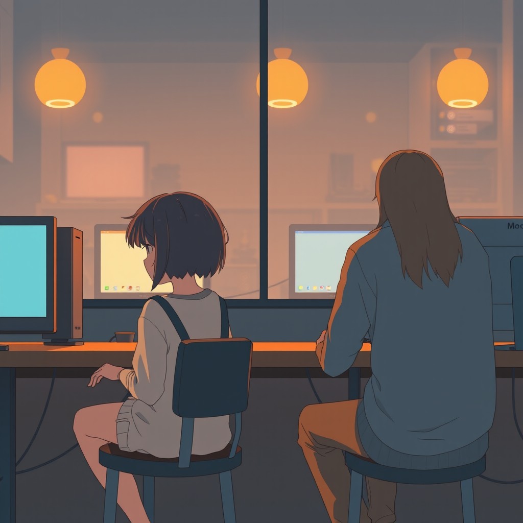 A scene depicting a short-haired tomboy girl and a calm, long-haired guy sitting apart in a quiet internet café