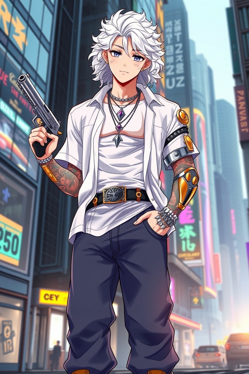 An anime-style character set in a cyberpunk world, featuring a 25-year-old male with fair skin and white hair