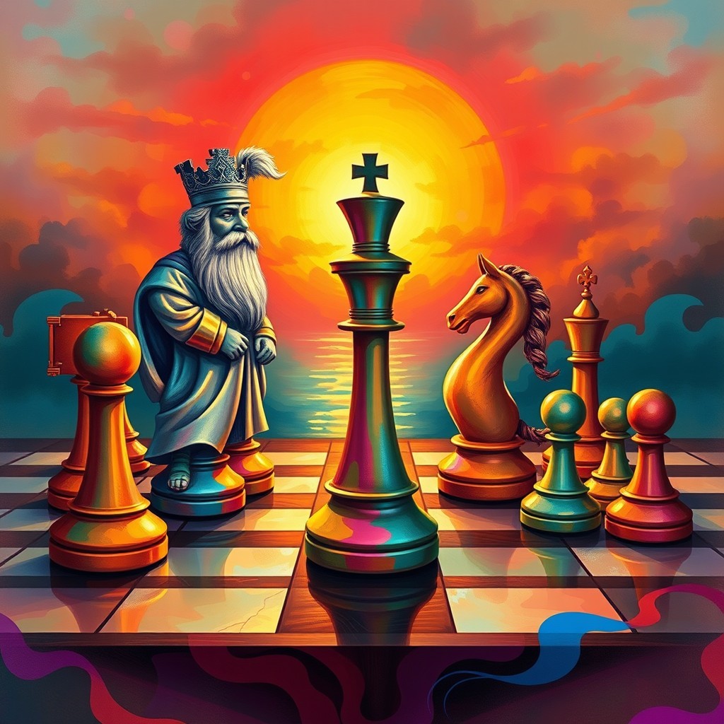 A visually striking representation of life as a chess game, featuring a vibrant and dynamic chessboard that blends elements of reality and surrealism