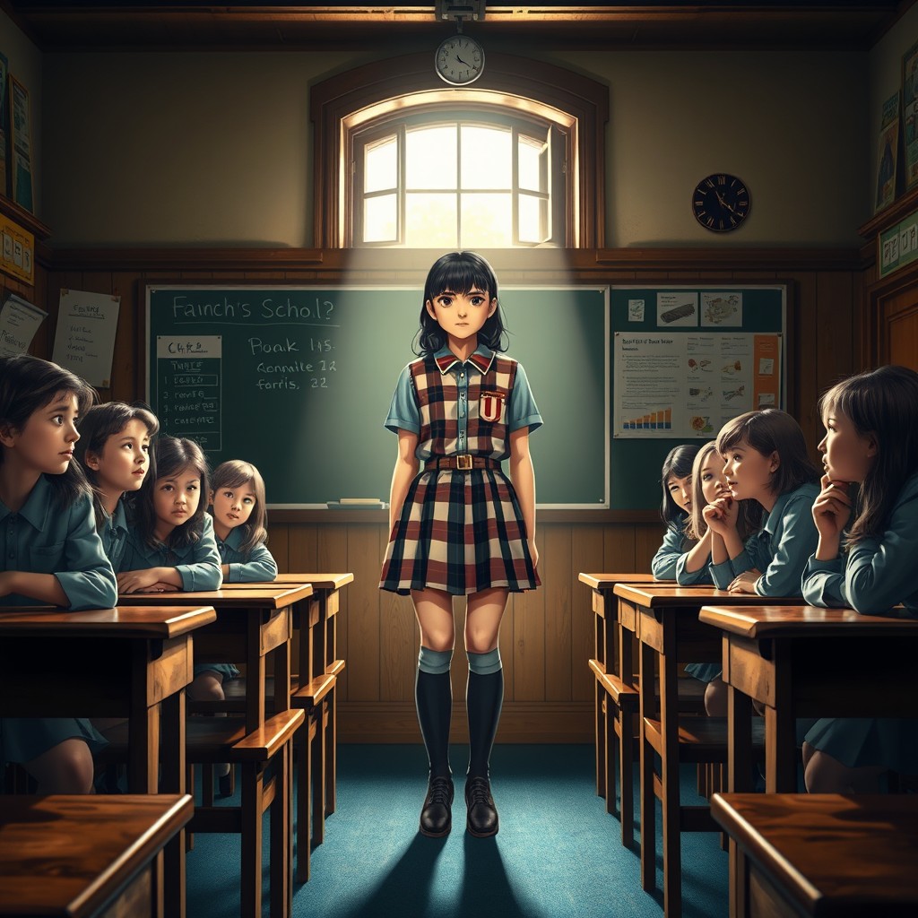 A dramatic classroom scene illustrating the concept of punishment, where a school girl stands at the front of the class, surrounded by peers